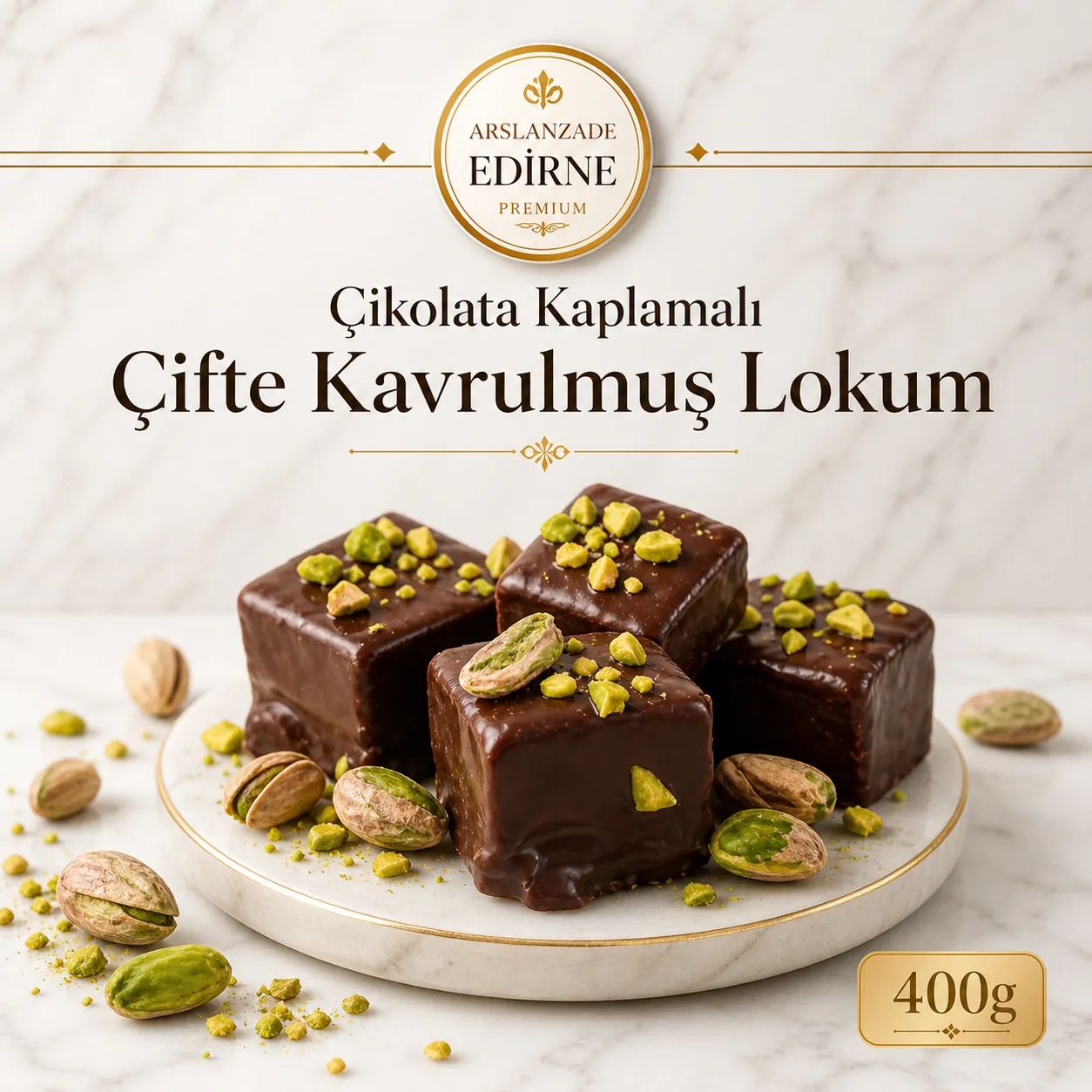 Çikolata Kaplamalı Fıstıklı Çifte Kavrulmuş Lokum 400g